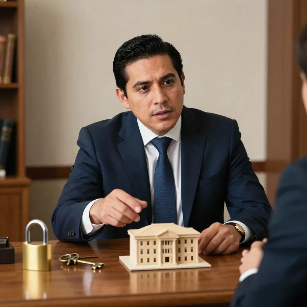 Abogado mexicano explicando planes de protección jurídica para arrendadores en una oficina con maqueta de edificio