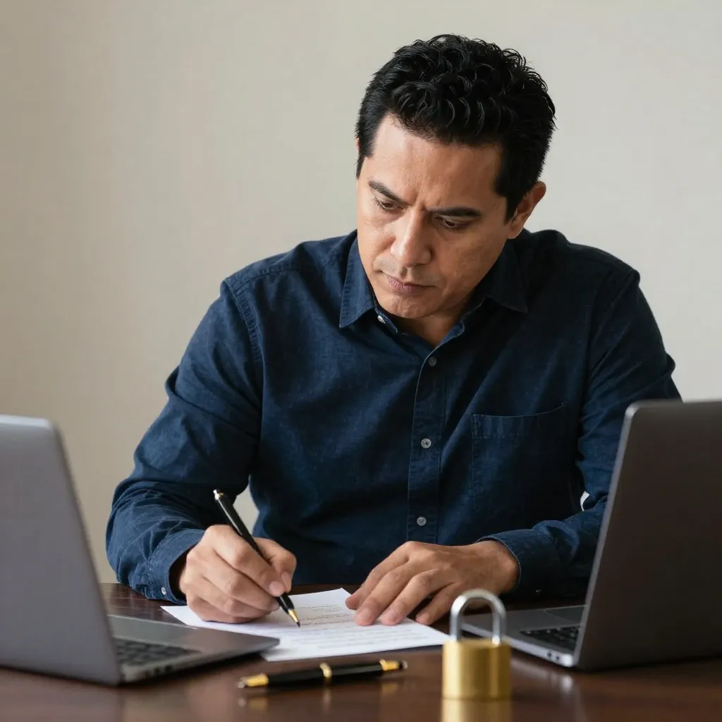 Inquilino mexicano enviando un documento de reclamo por retraso en la entrega de un departamento nuevo