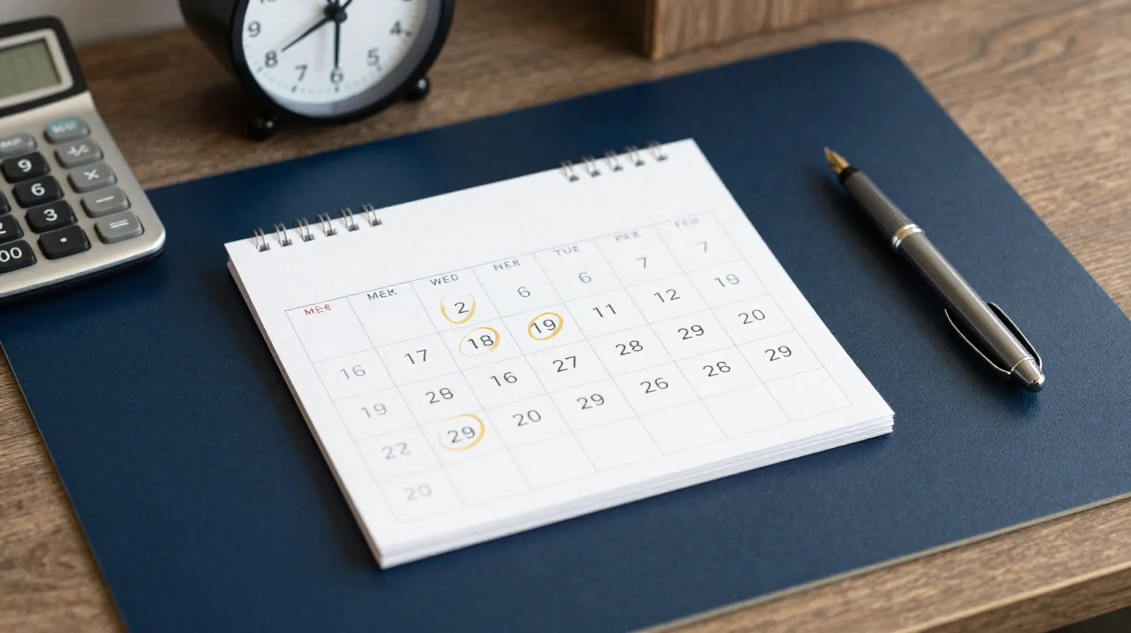 Calendario con fechas marcadas y un reloj junto a una calculadora
