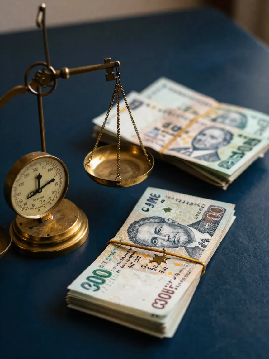 Balanza de latón junto a un fajo de billetes y llaves