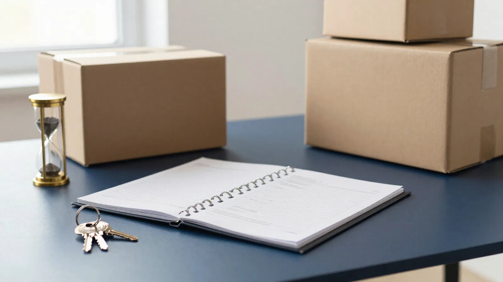Departamento con cajas de mudanza y una carpeta de contrato abierta
