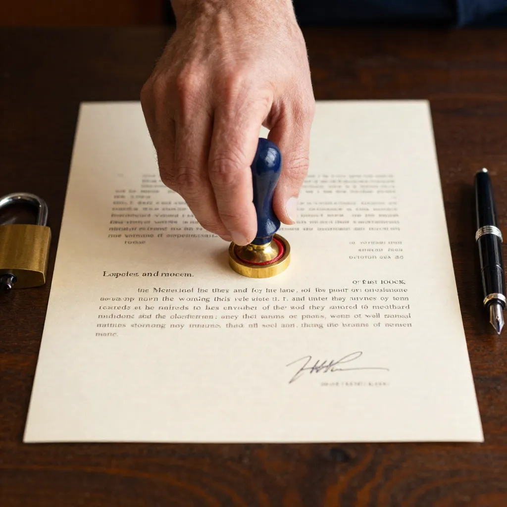 Candado de latón sellando un contrato con un sello de cera
