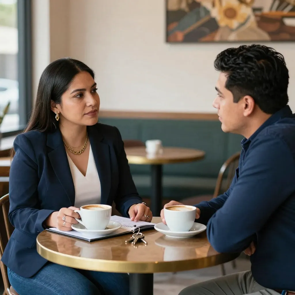 Propietaria mexicana negociando con un inquilino en una mesa de café