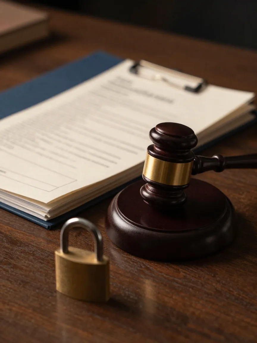 Mazo de madera y expediente judicial sobre un escritorio