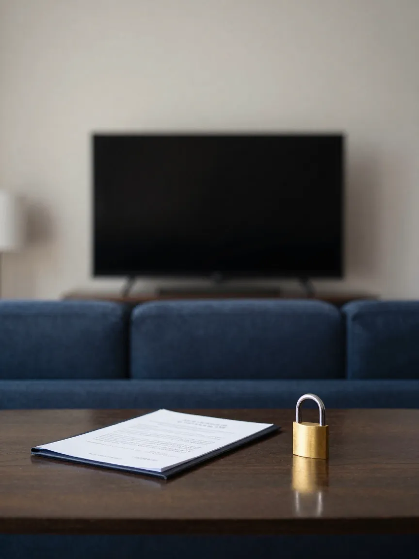Muebles y electrodomésticos de un departamento con una carpeta legal al centro