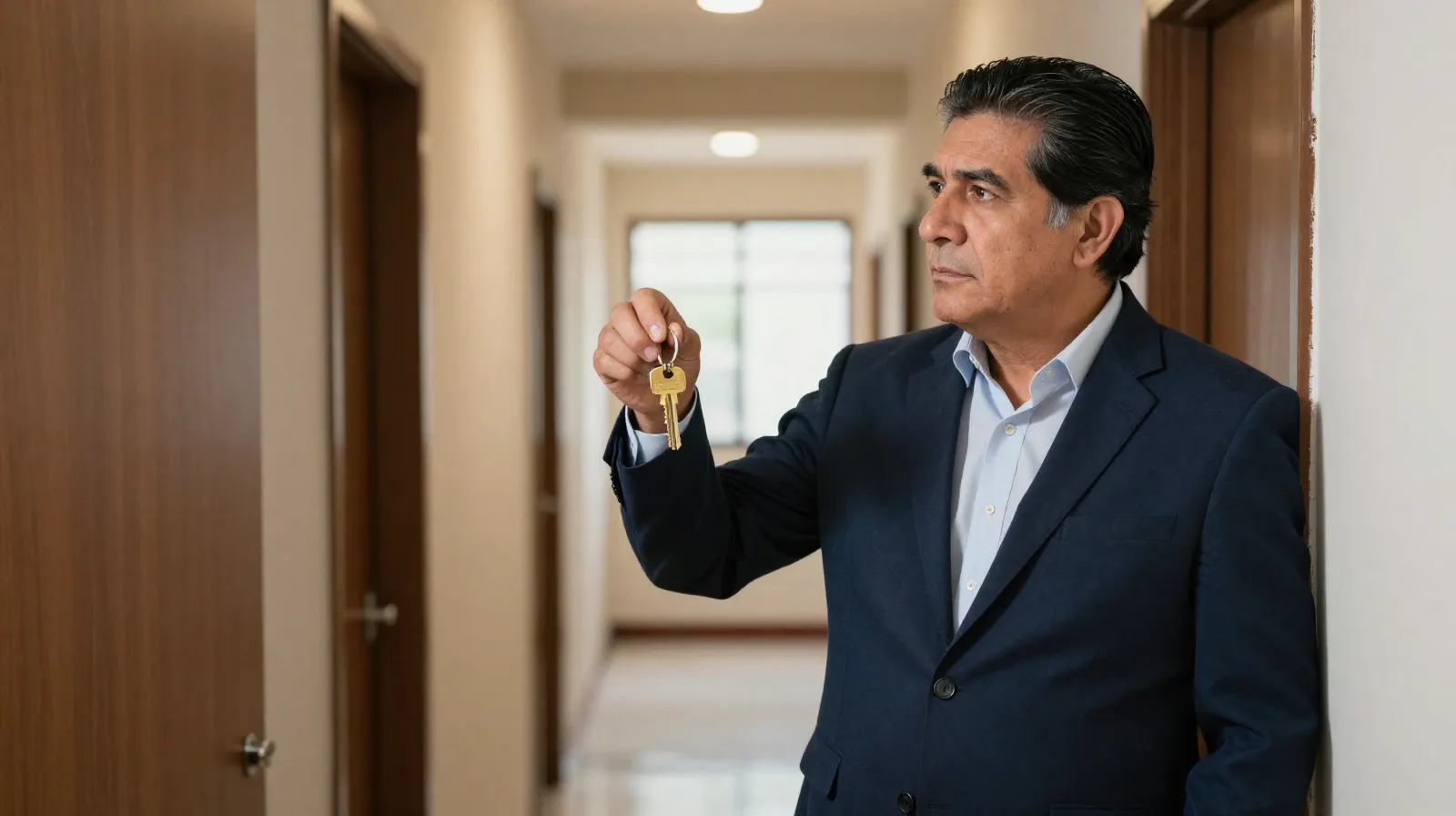 Propietario mexicano frente a una puerta con llaves en la mano y pensativo