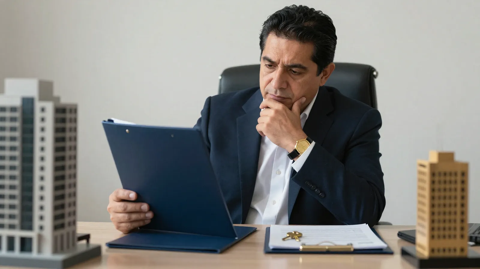 Propietario mexicano pensando entre dos carpetas distintas