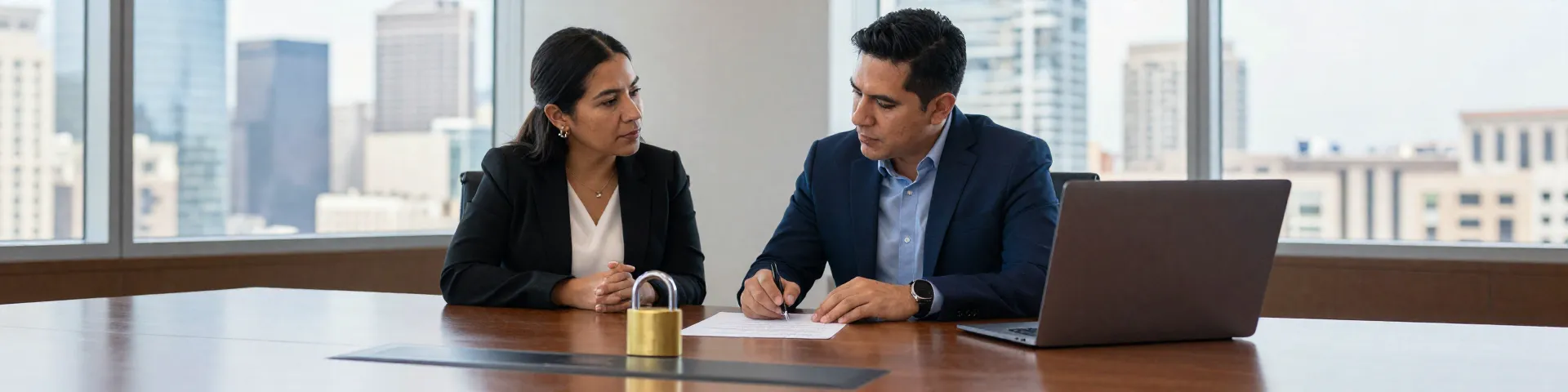 Equipo legal mexicano trabajando con un contrato en una sala de juntas
