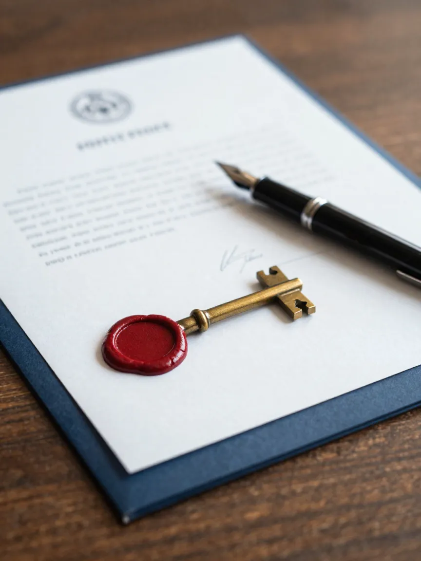 Carta de autorización firmada con sello de cera junto a una llave