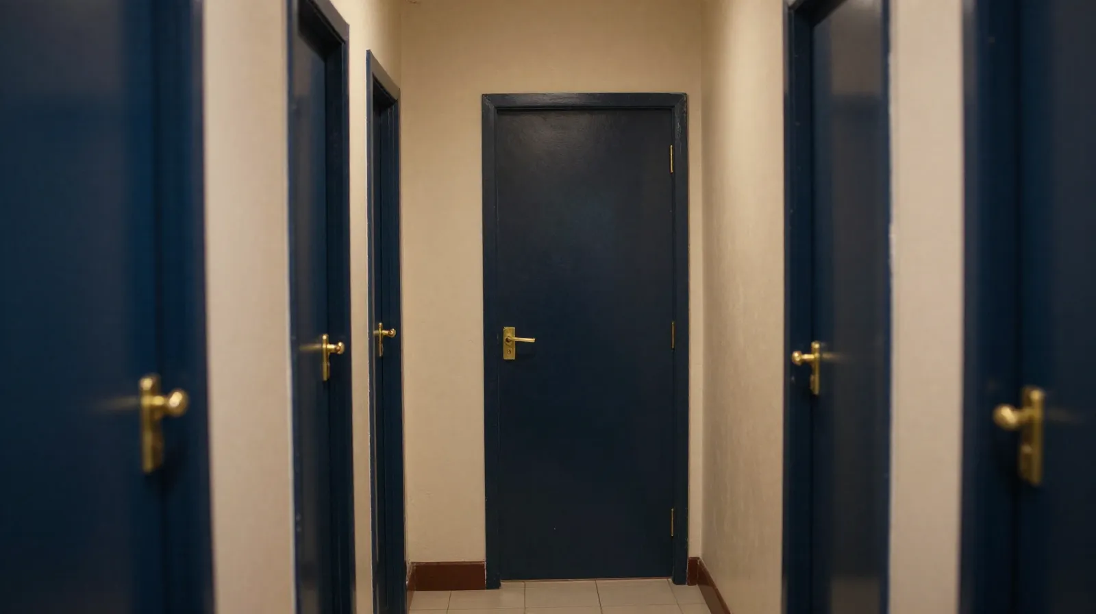 Departamento con varias puertas y cerraduras de latón en un pasillo