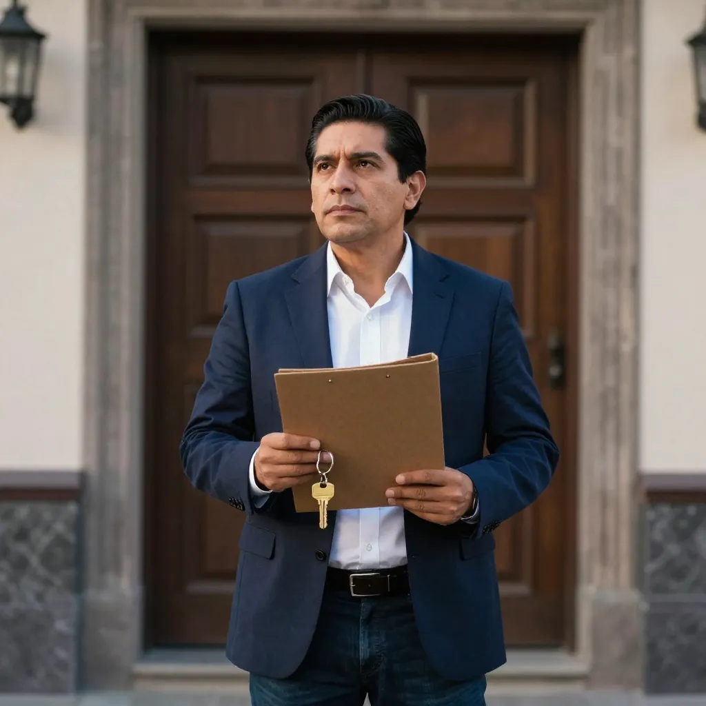 Propietario con una carpeta de pruebas frente a la puerta de su inmueble