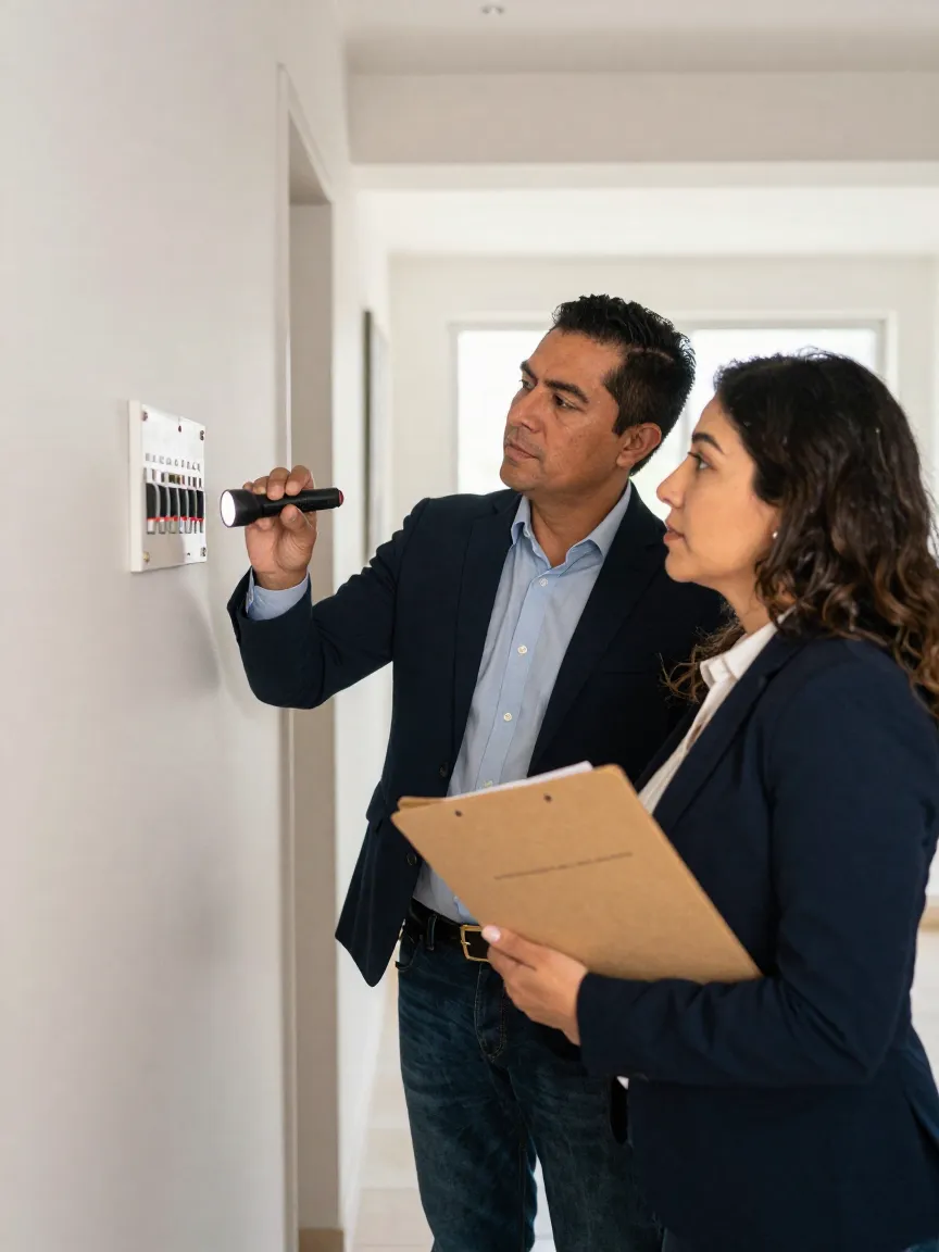 Propietario y arquitecta mexicana revisando una instalación eléctrica