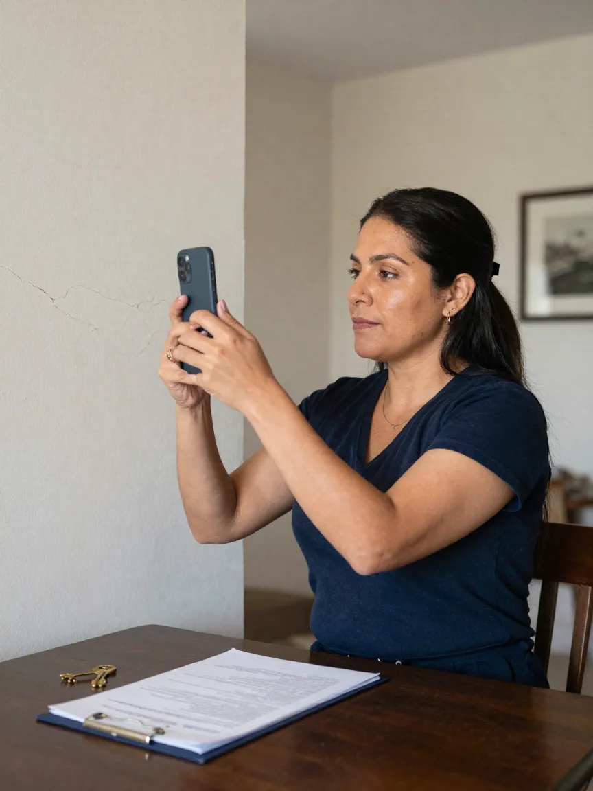 Inquilina mexicana tomando fotos de un desperfecto para documentarlo