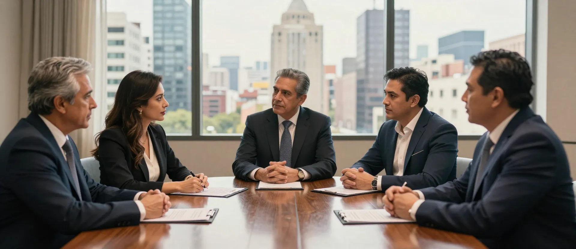 Propietarios de edificios y su abogado revisando un contrato de arrendamiento en una sala de juntas con vista a la Ciudad de México